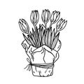 Bouquet of five tulips in craft paper on a white background.